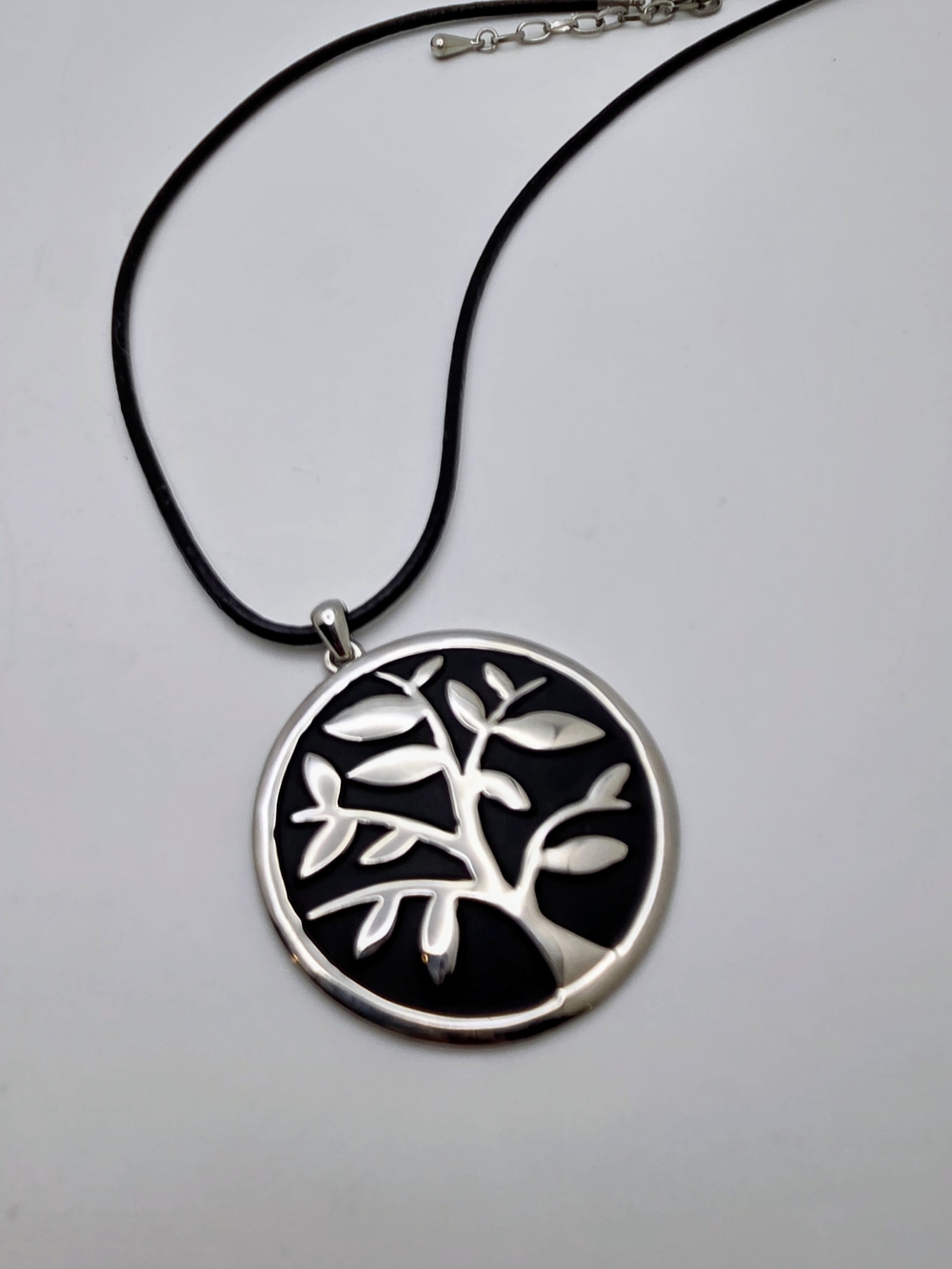 Silver Tree of Life Pendant Necklace - Black